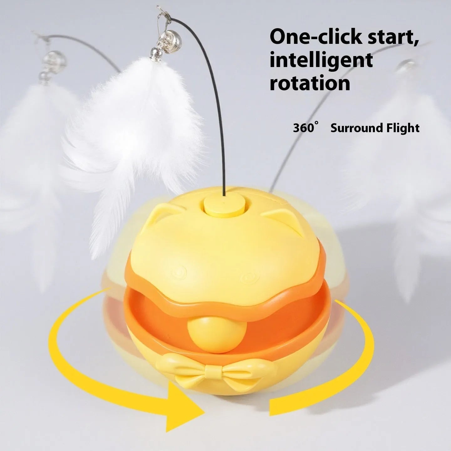 Electric cat toy tumbler in lemon yellow, sky blue, or soft fog grey showing self-moving plastic design