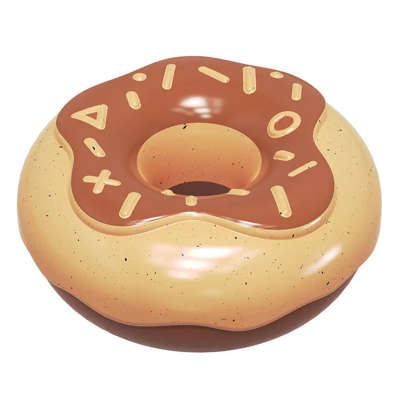 TPR donut dog chew toy with crunchy squeaker for teeth cleaning in pink, chocolate and yellow colours