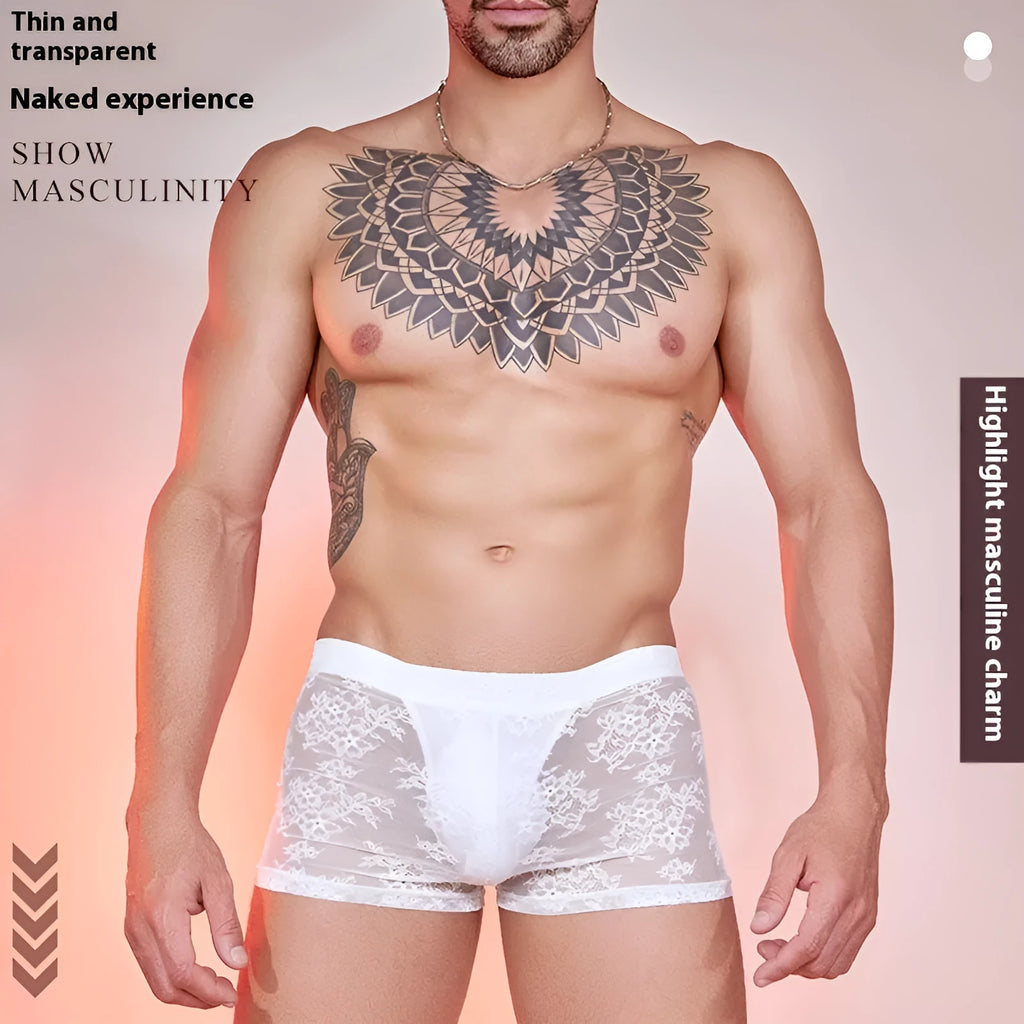 Men's black nylon boxers with a lace design detail on a free size mannequin.