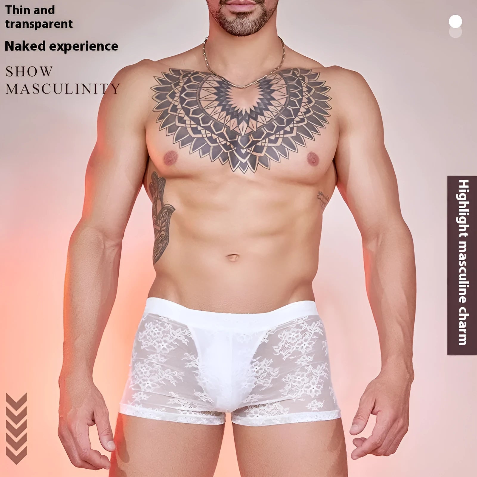 Men's black nylon boxers with a lace design detail on a free size mannequin.