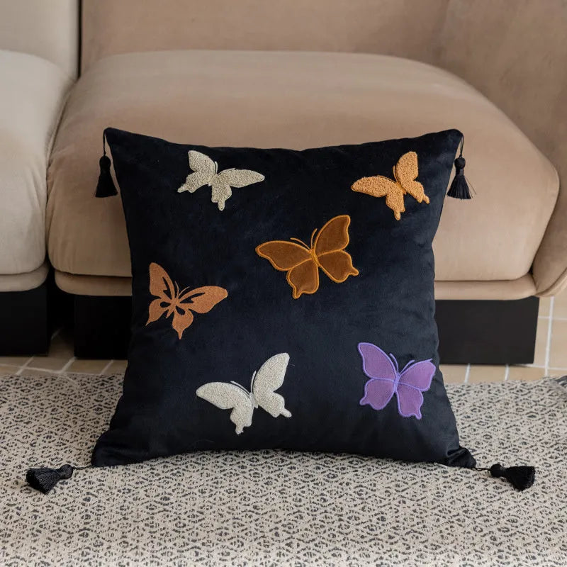 Square butterfly embroidery cushion in Chinese style measuring 45x45 cm in beige, black, or purple