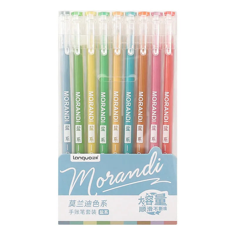 Set of nine Japanese-style colour gel pens with 0.5mm needle tips, showing retro and solid colour designs.