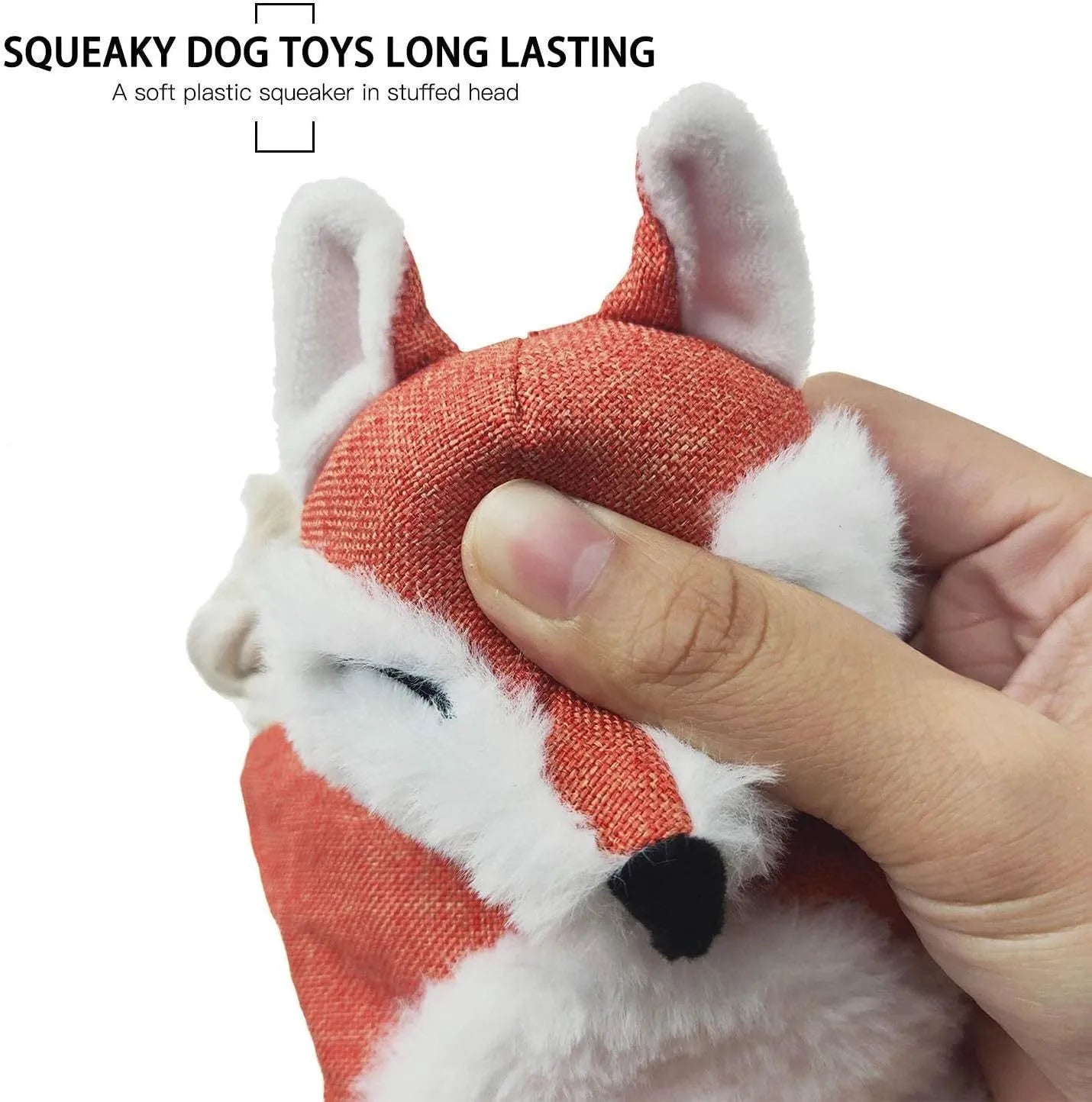 Brown fox plush dog toy with rope arms and legs, embroidered eyes, and a squeaker.