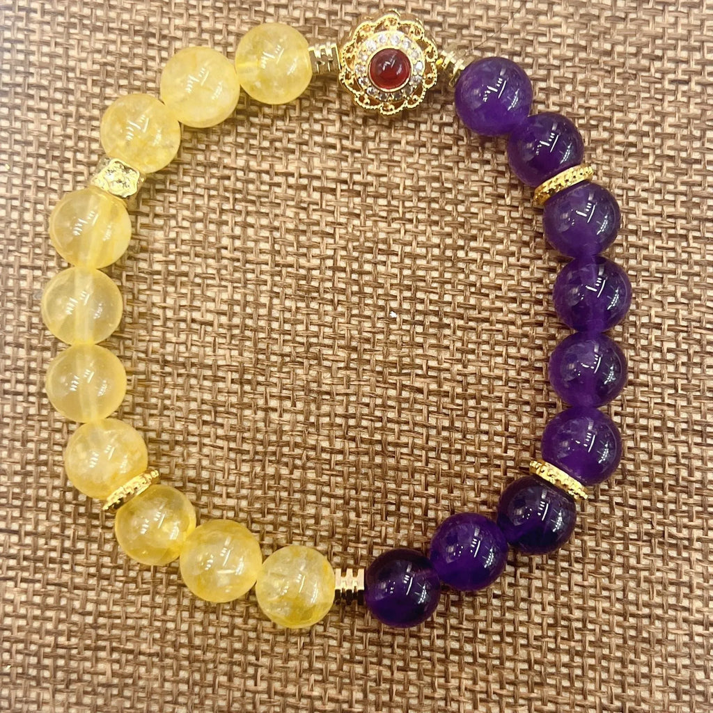 Handmade women's amethyst crystal bracelet with yellow and purple colour combination