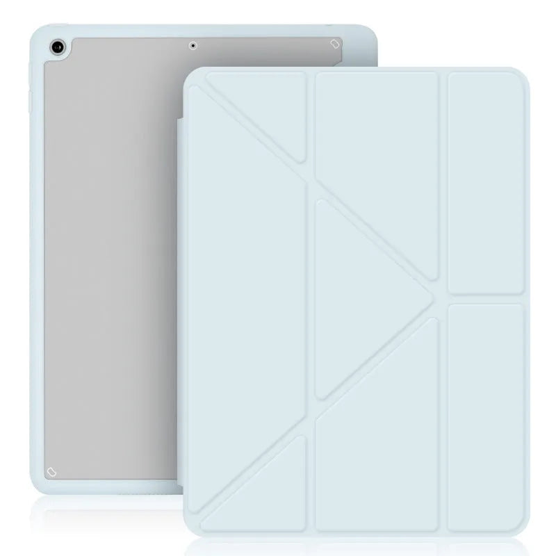 Acrylic Y folding iPad protective case in dark grey showing folding stand and built-in pen slot