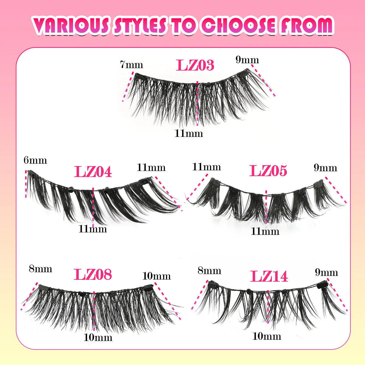 Set of reusable waterproof false eyelashes with artificial fibre strands, shown in five size options.