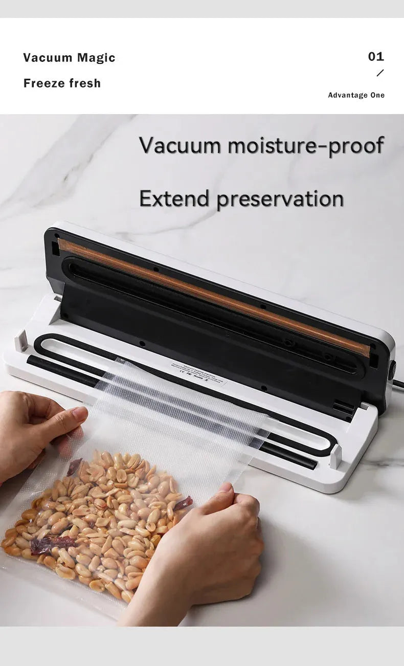 Black compact automatic vacuum sealer machine for household food preservation and item protection