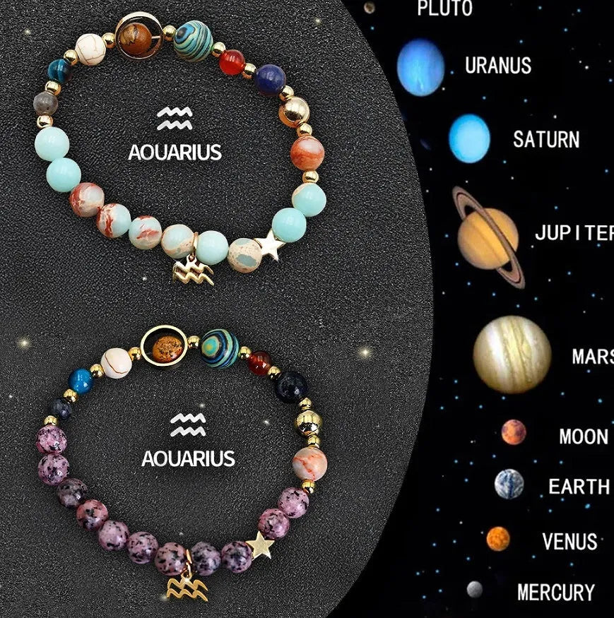 Two natural stone beaded bracelets showing zodiac symbols on an adjustable knotted string.