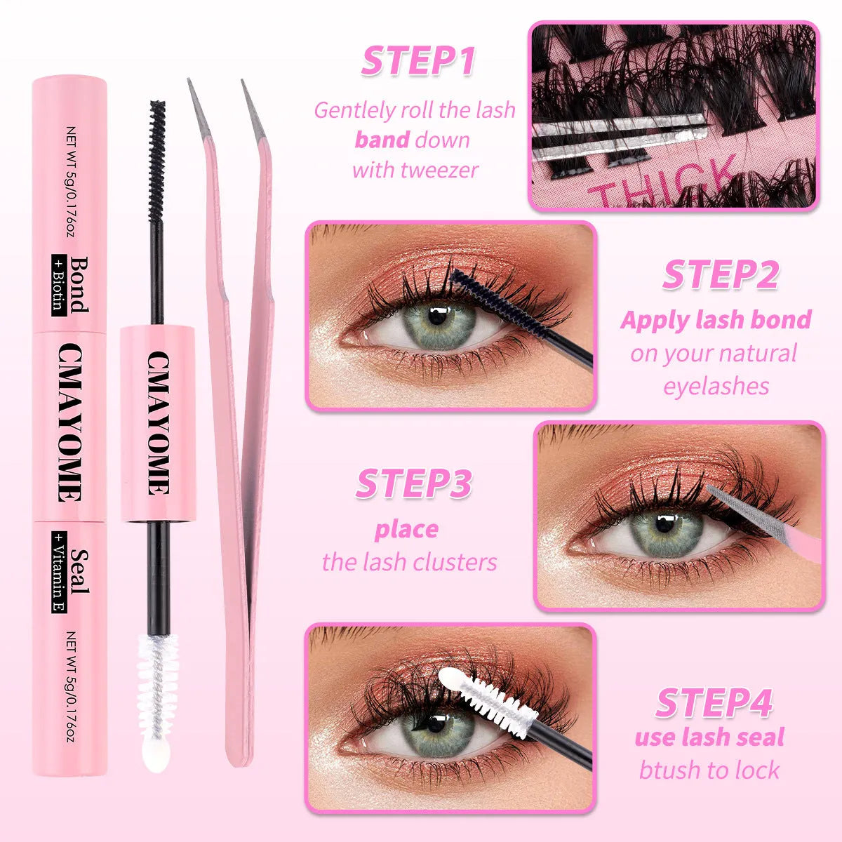 DIY false eyelash extension kit showing cluster lashes and metal eyelash tweezers on a clean background.