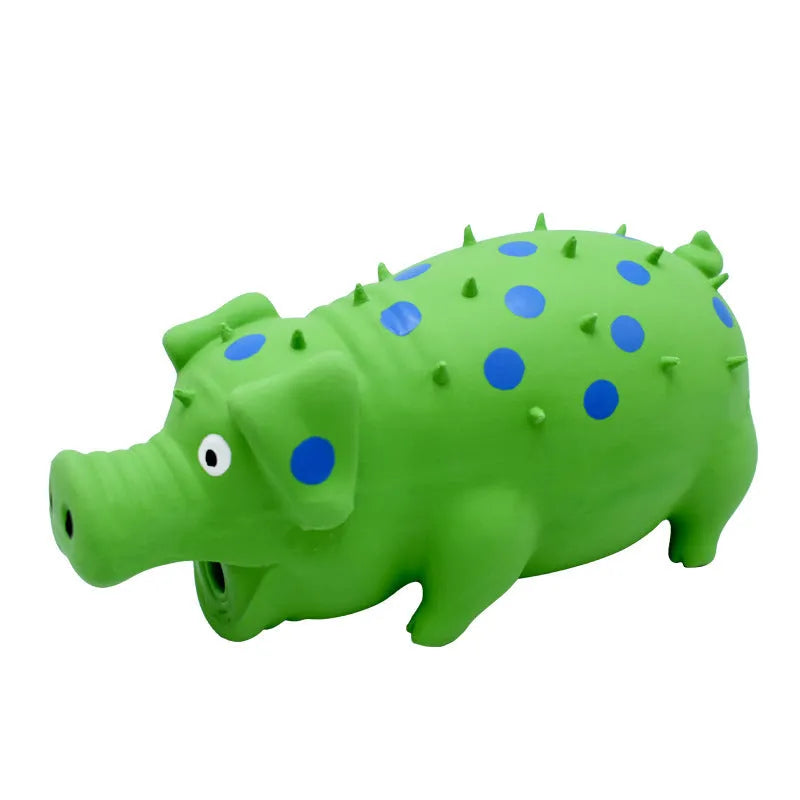 Latex pig-shaped squeaky dog chew toy with textured surface in assorted colours