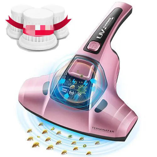 Pink handheld mite vacuum cleaner with nozzle on a mattress.