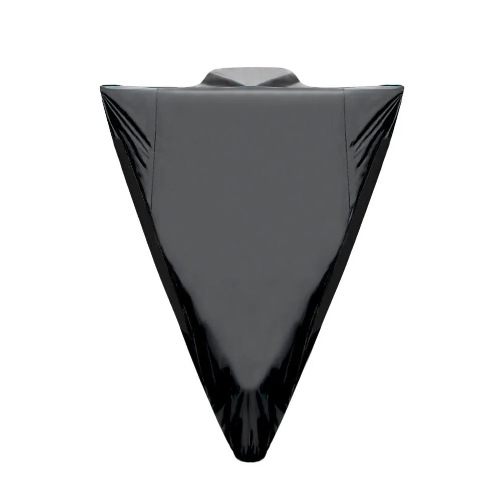 Black motorcycle cover on a bike showing waterproof and anti-theft protection features.