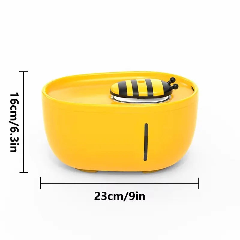 Yellow cat water fountain with filtration system and USB power cable
