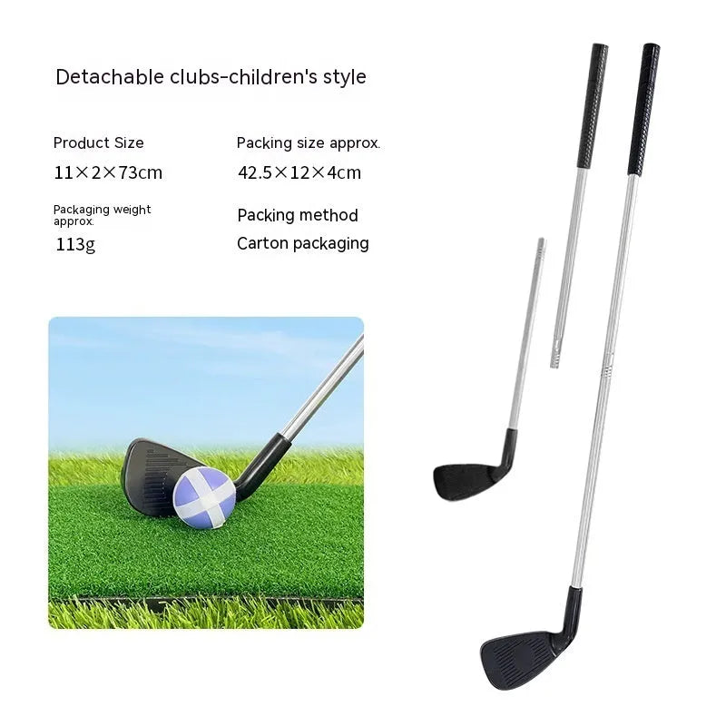Silver metal golf club set showing adult and children's size options for outdoor practice