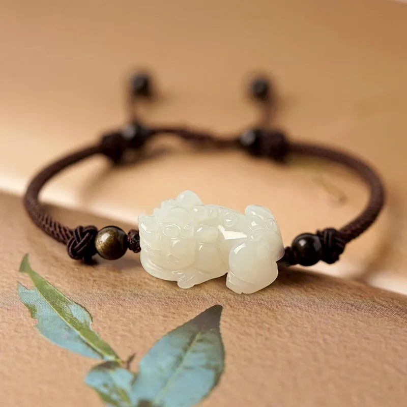 Women's Hetian jade bracelet with black and red braided ropes in Chinese style