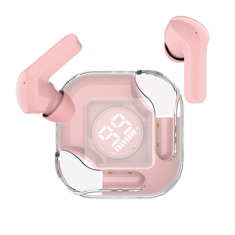 Transparent Bluetooth TWS wireless earphones showing in-ear design with noise reduction in colour options