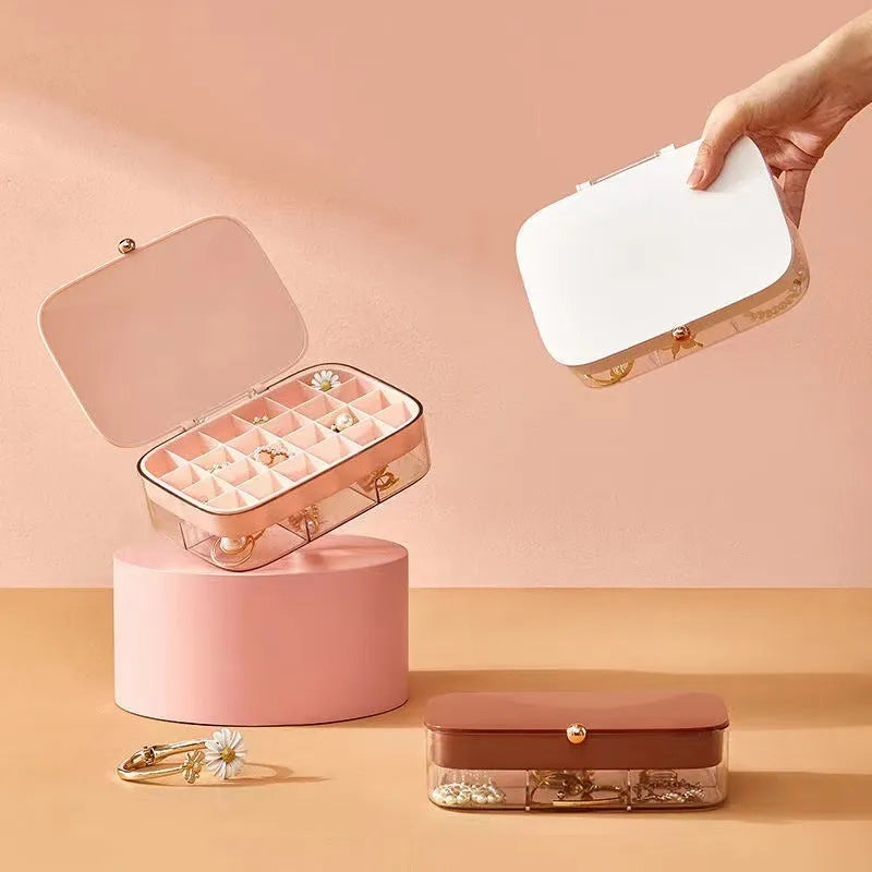 Green minimalist multi-layer jewellery storage box with compartments for earrings and necklaces.