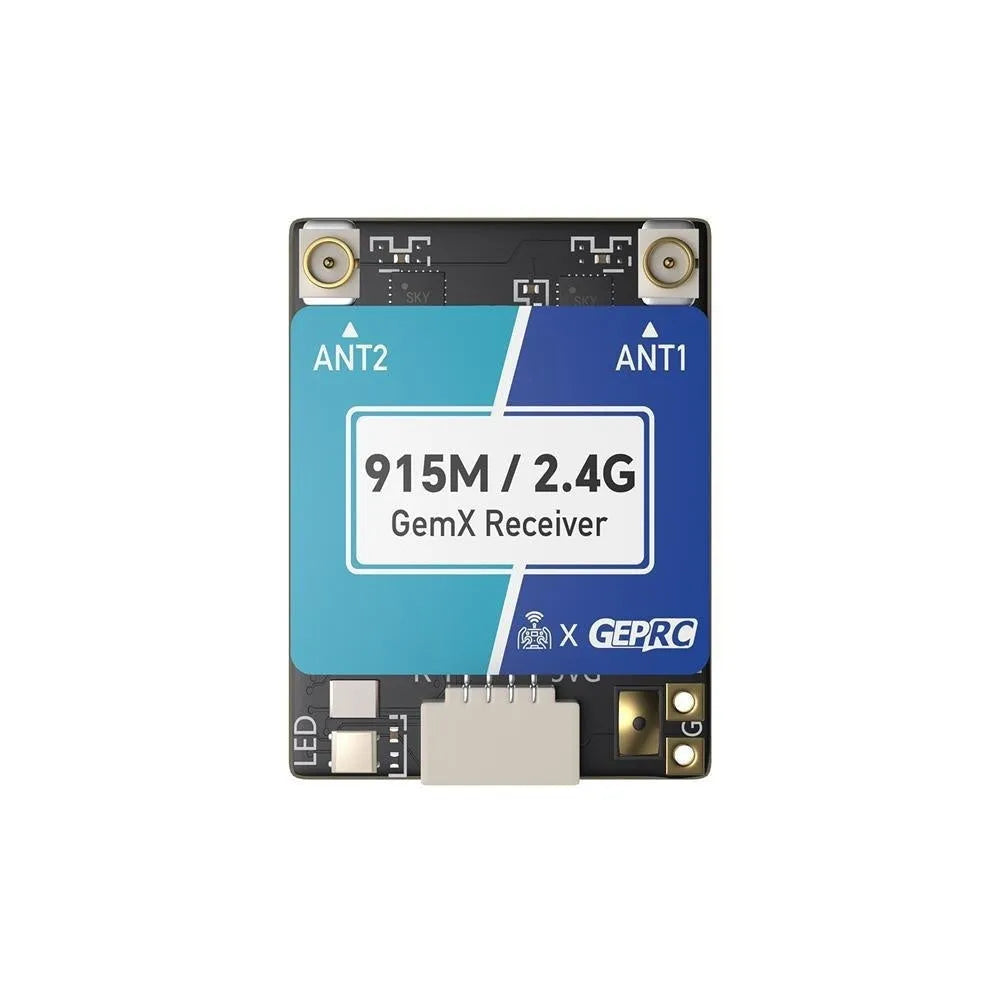 GeminiX ELRS dual-frequency FPV receiver kit with metal base station, two T-shaped antennas, and installation accessories.