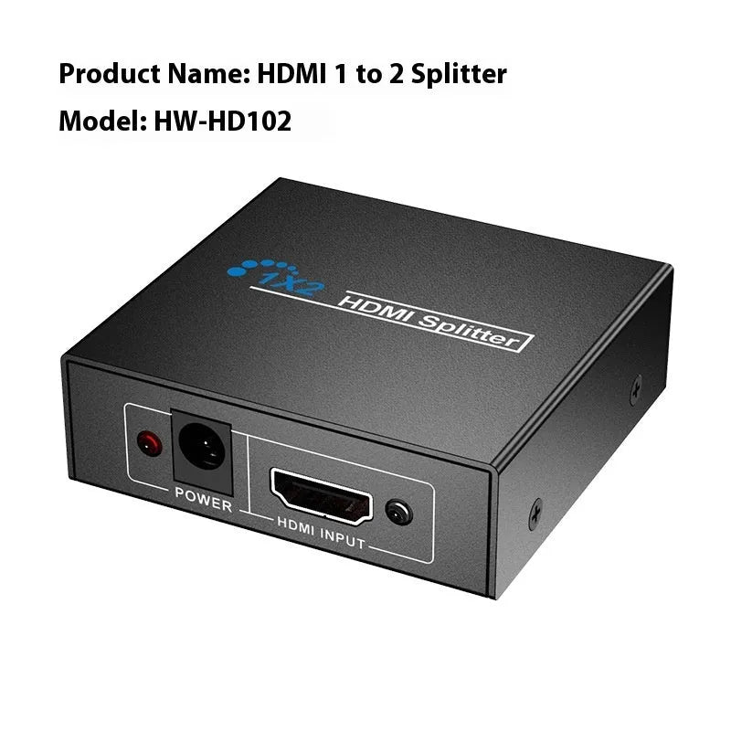 4K HDMI splitter device with one input and two output ports for dual display setup