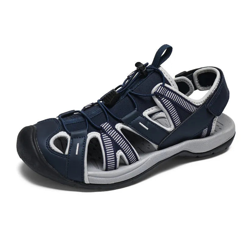 Men's blue and black mesh sports shoes with Velcro strap and rubber sole.