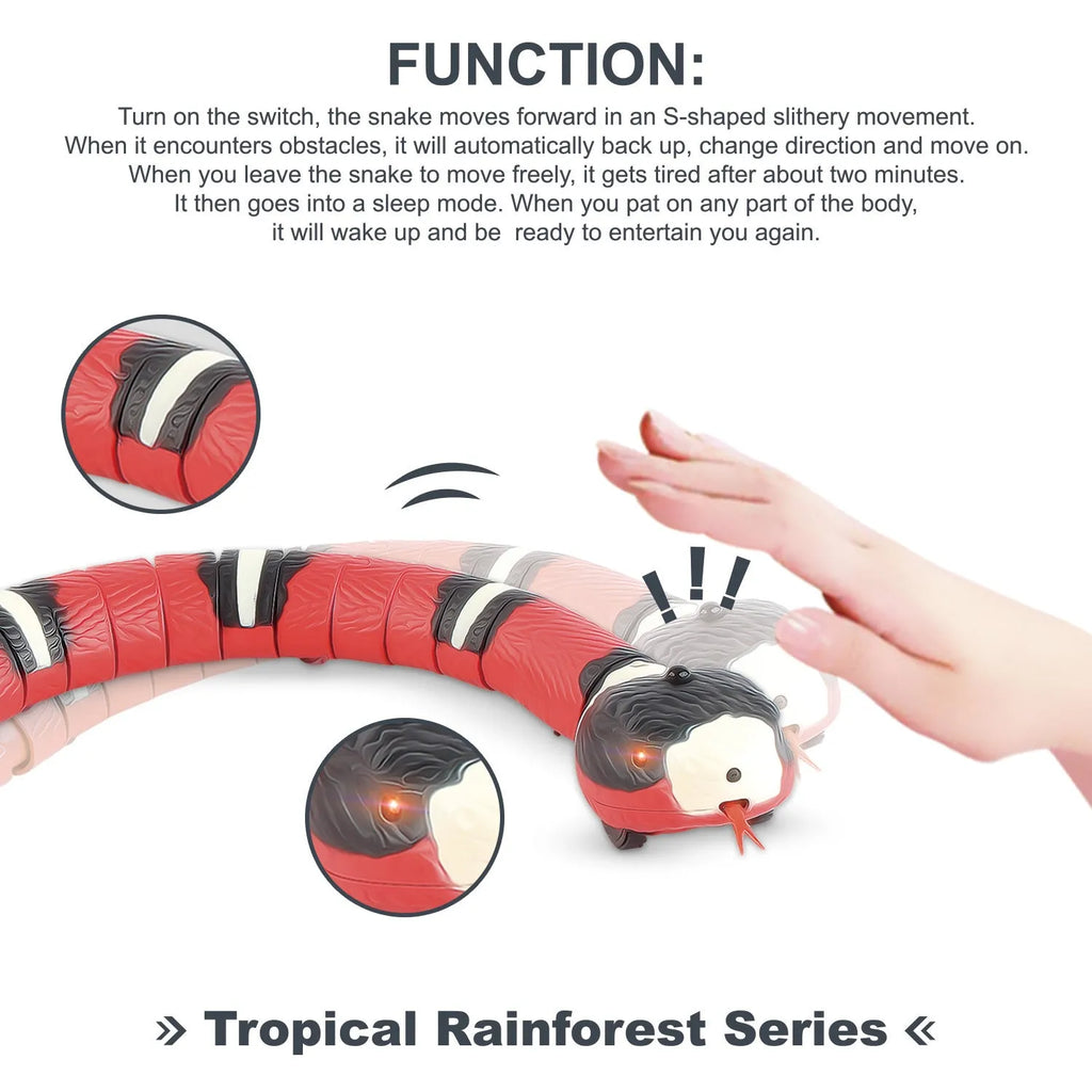 Automatic electronic snake cat toy with segmented plastic body on a floor