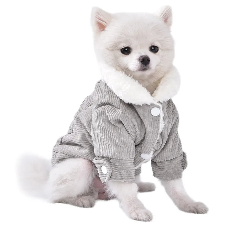Lambswool grey padded dog vest with wool lining for winter wear, shown on a dog model.
