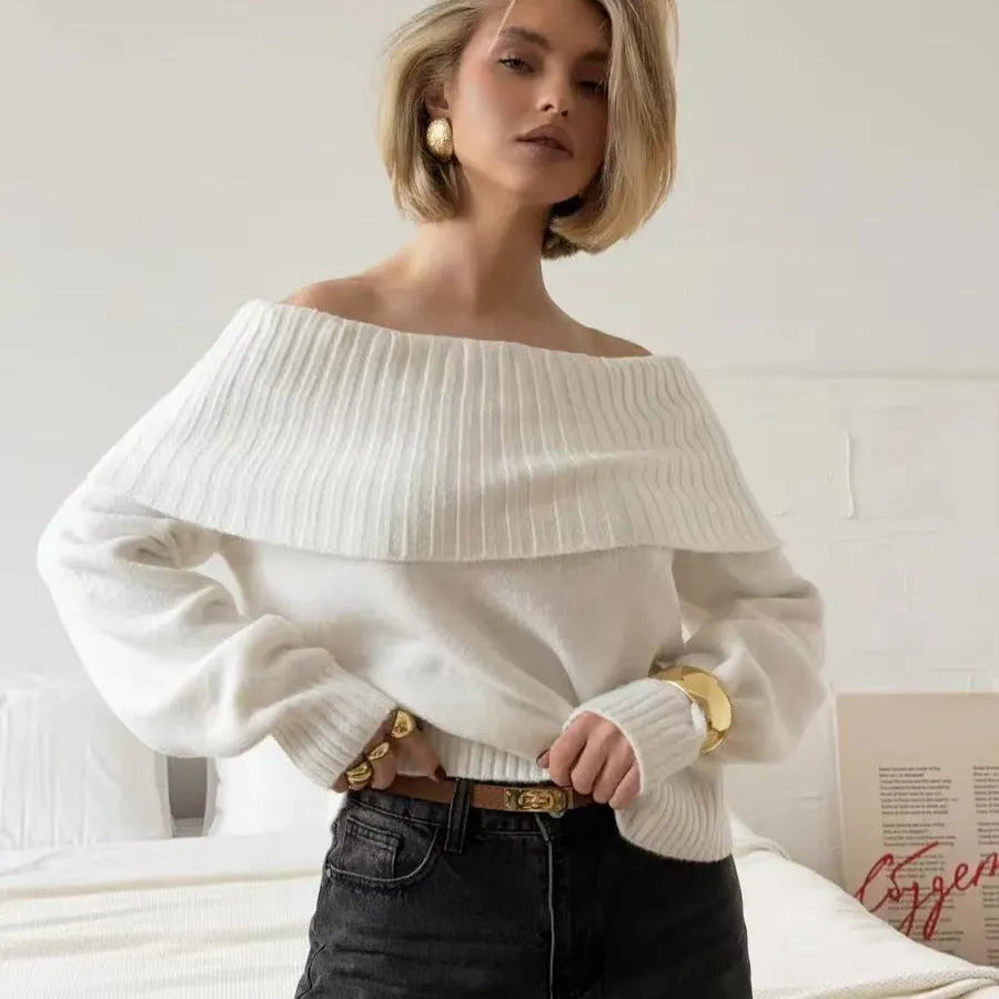 Off-the-shoulder strapless sweater with 3D pattern in grey, white, or wine red colours