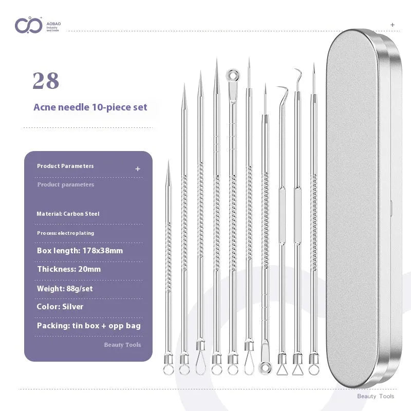 Four metal acne needles with pointed tips arranged on a clean surface.