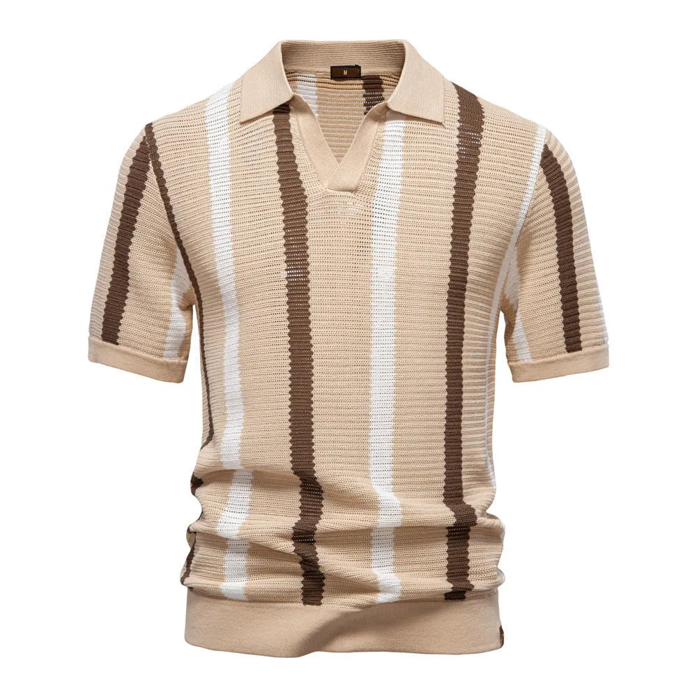 Men's striped short-sleeved polo shirt in breathable hollow knit fabric, shown in light blue colour with mosaic detail.