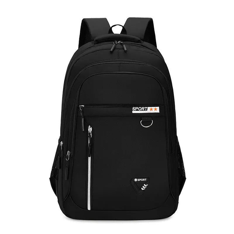 Men's large Oxford cloth schoolbag in black with letter pattern, showing air pillow belt and splicing detail.