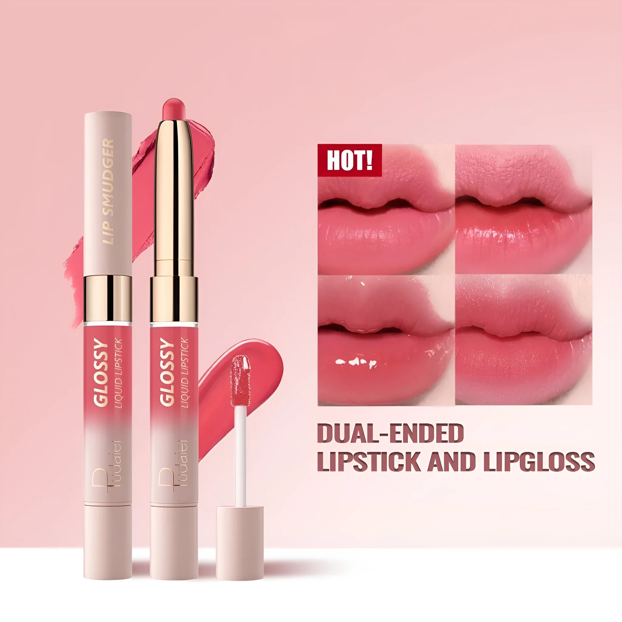 Double-headed lipstick lip gloss with matte finish showing 10 different colour options numbered 01 through 10