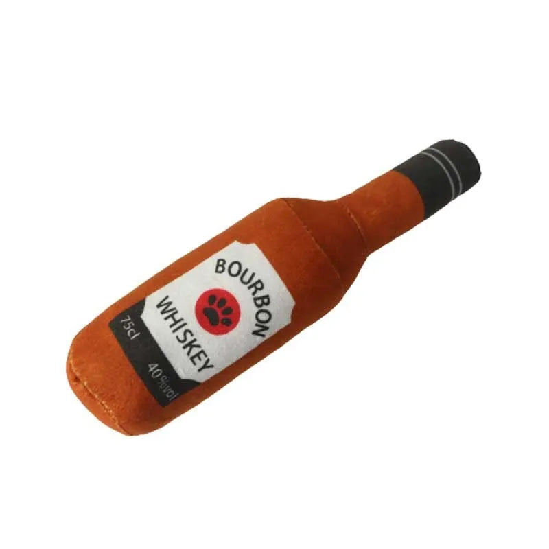 Plush wine bottle shaped dog toy in assorted colours including green, orange, red, black, coffee and white
