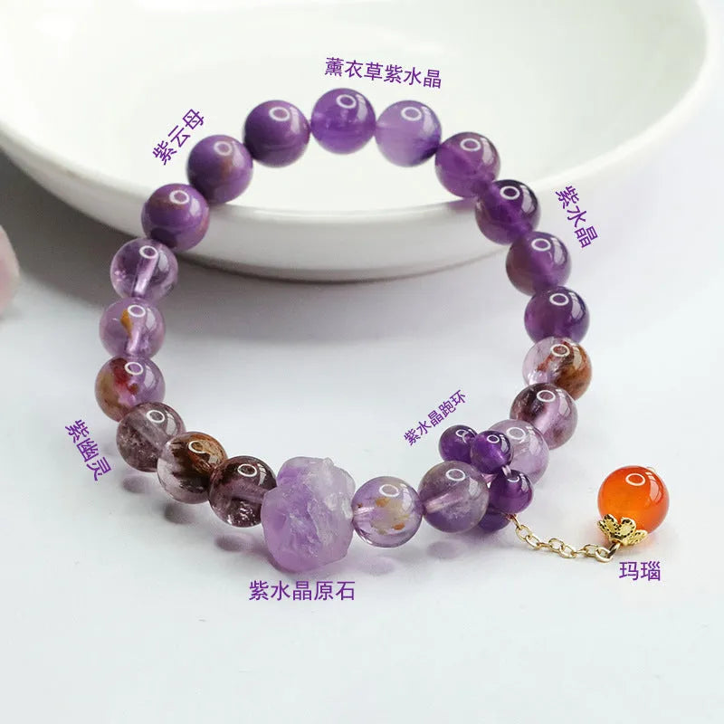 Natural nine purple crystal bracelet with amethyst beads and red agate stones in Mori style