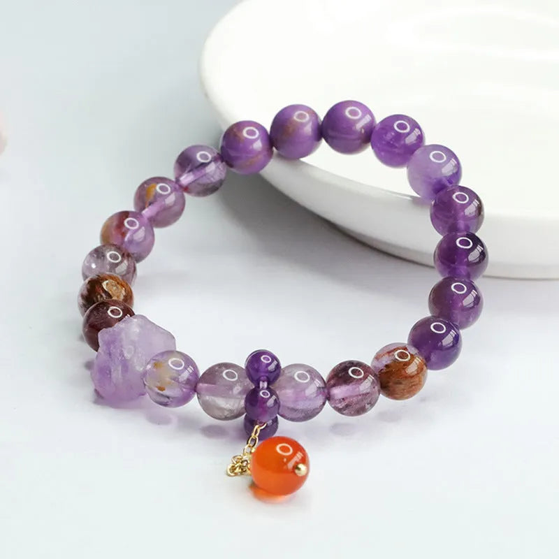Natural nine purple crystal bracelet with amethyst beads and red agate stones in Mori style