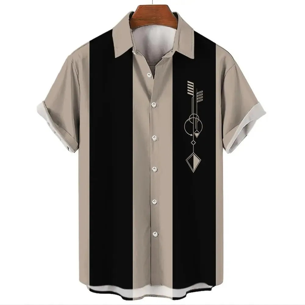 Men's striped Hawaiian shirt in polyester fabric with button-up short sleeves