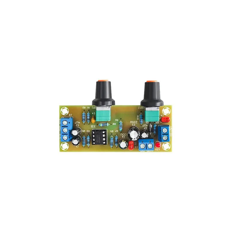 Front stage bass boost circuit board with components mounted on FR-4 fibreglass showing mounting holes and connections