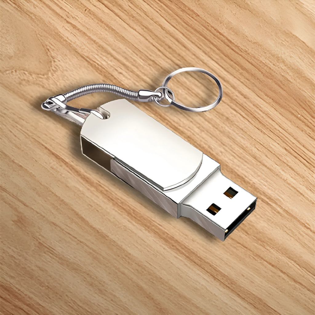 White metal rotating USB flash drive showing compact dimensions