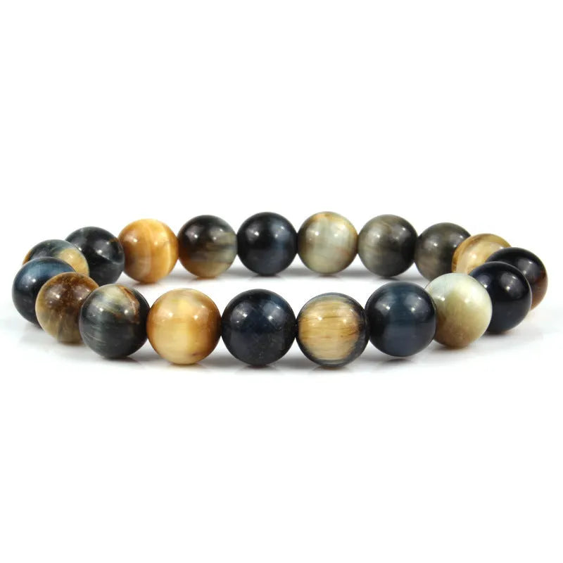Natural tigereye crystal bracelet with geometric round beads showing colour and size options.