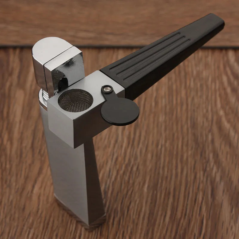 Silver and black foldable metal pipe lighter with stash compartment closed.