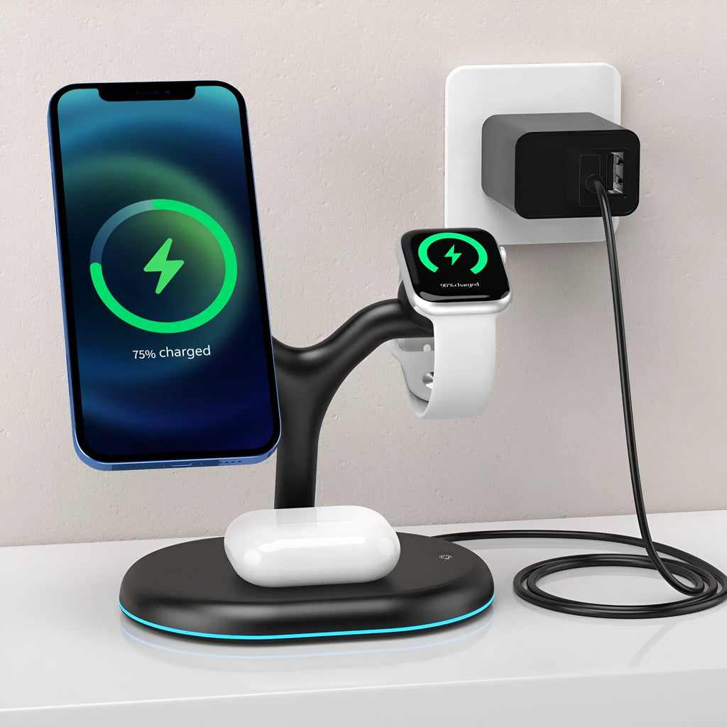 Black three-in-one magnetic wireless charger with ABS plastic casing on a desk.