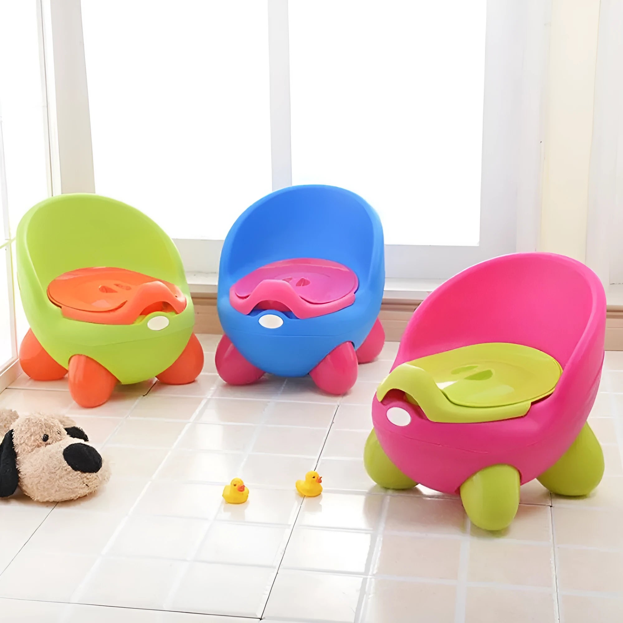 Colourful plastic baby potty training toilet stool for toddlers in red, green, blue, pink, and light blue.