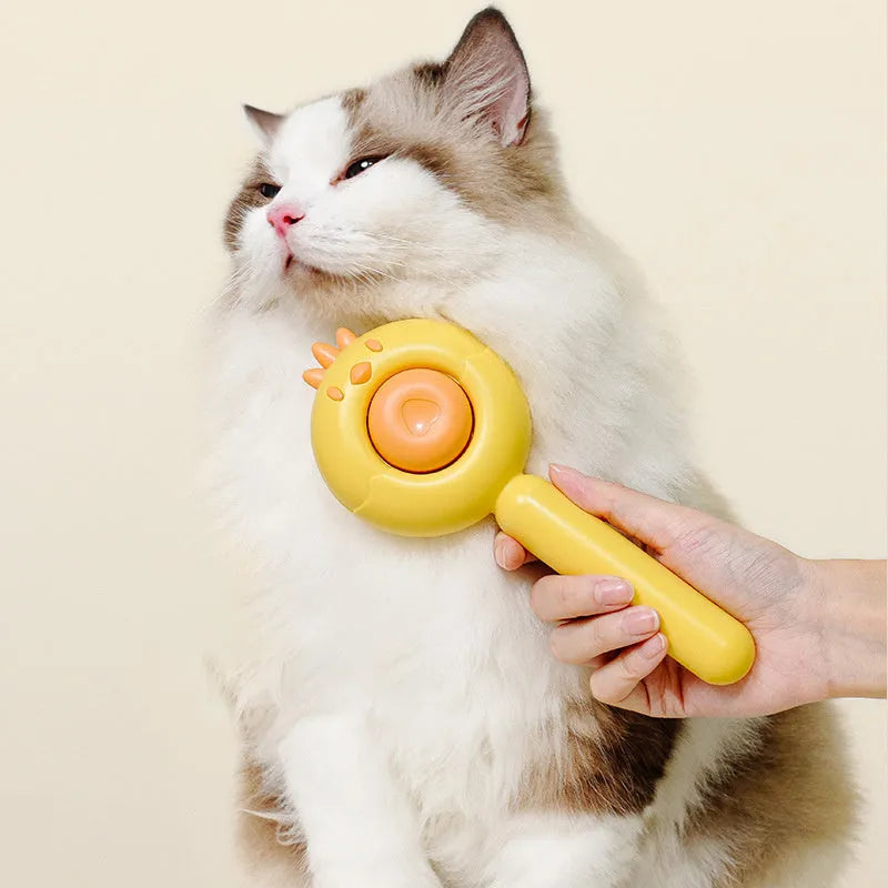 Purple self-cleaning pet grooming brush with stainless steel bristles on a white background.