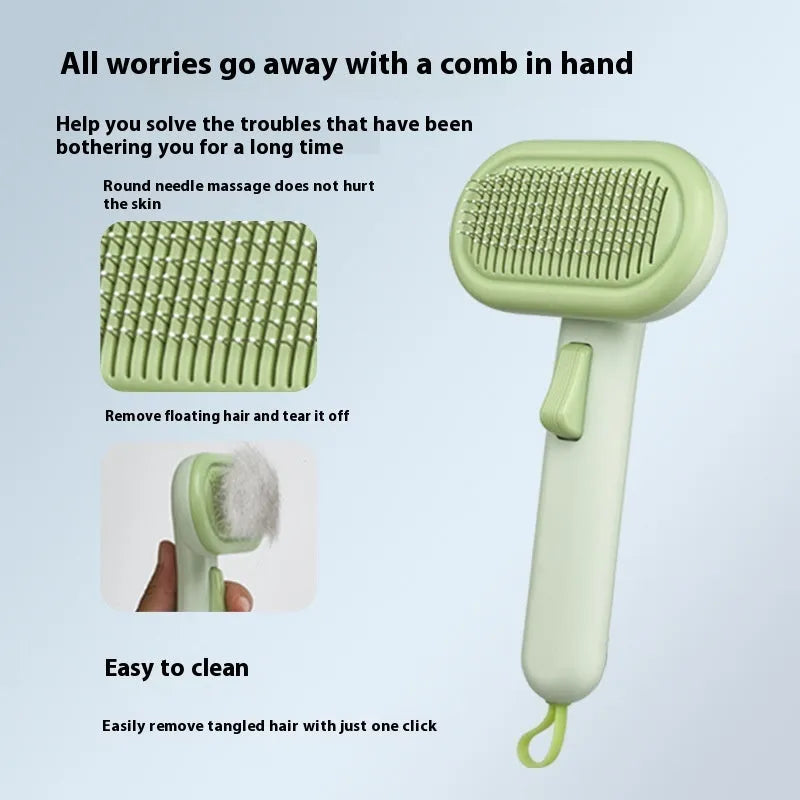 Large pet grooming comb with stainless steel blades in light green colour showing one-click cleaning mechanism