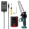 Black mini electric chainsaw with 4-inch guide and lithium battery for one-handed wood cutting