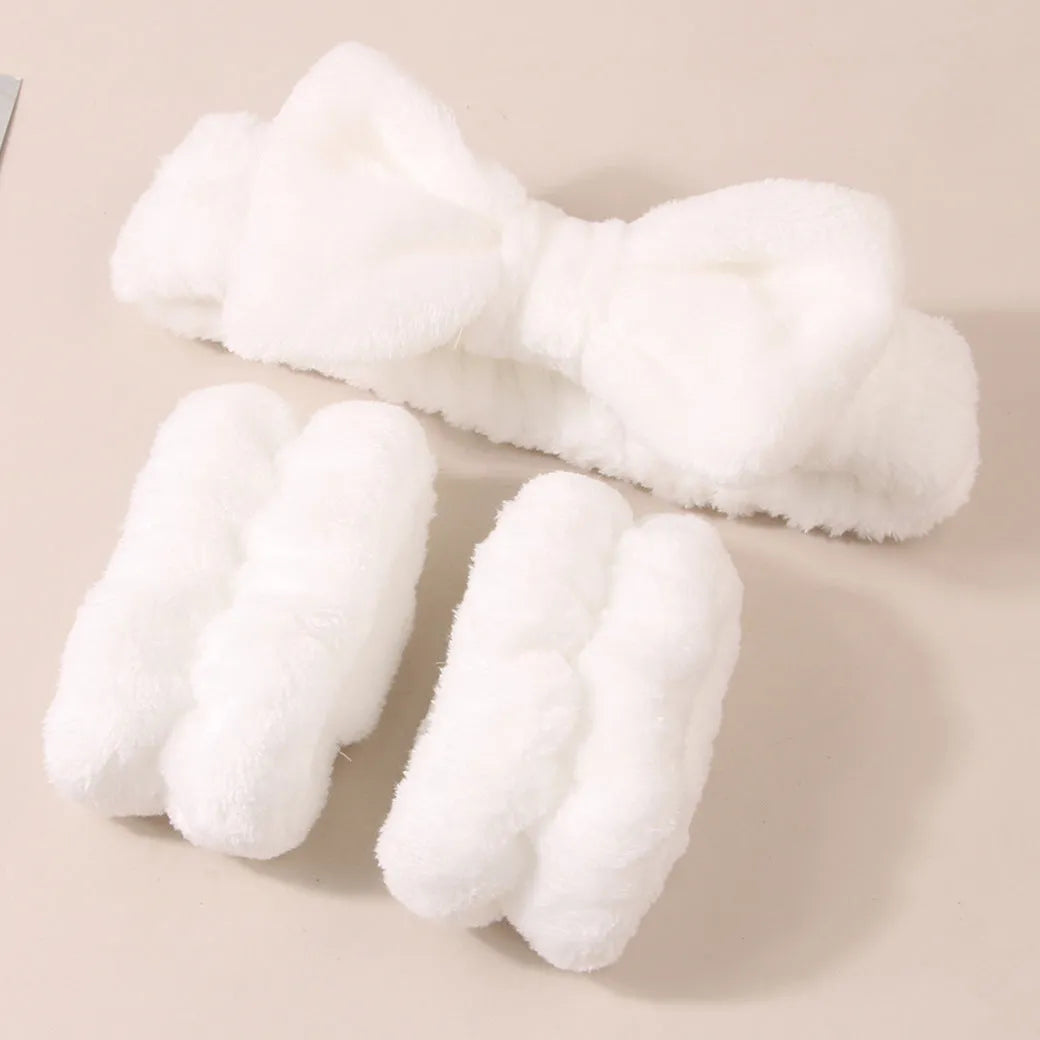 Facial brush set with coral fleece hair band, absorbent headband, and waterproof shower brush in purple colour