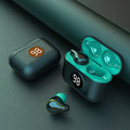 Black and blue Bluetooth wireless earbuds with in-ear earplug design for stereo sound
