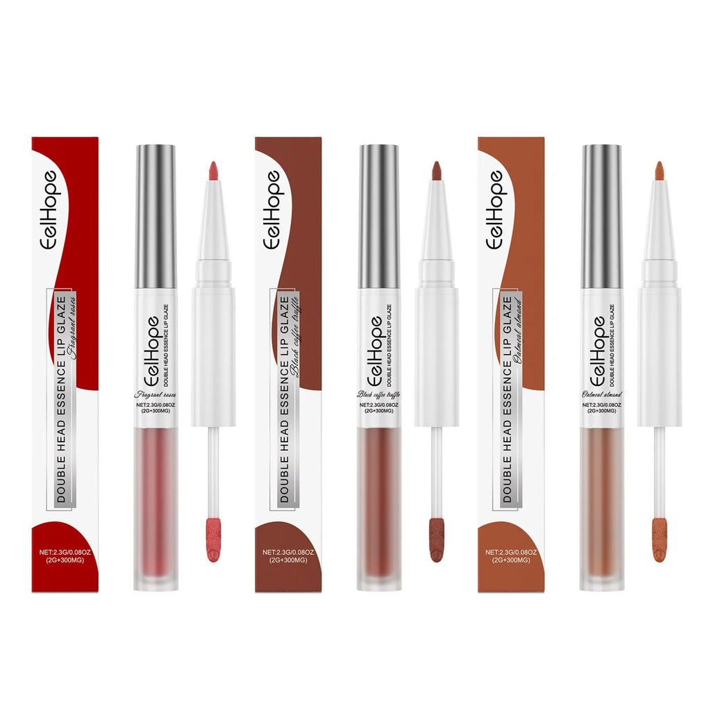 Double-headed lip liner and lip lacquer pen in three matte shades: black coffee truffle, fragrance attack, and oat almond.