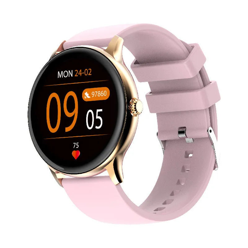 Black smart sports watch with circular screen displaying health metrics on a silicone wristband.