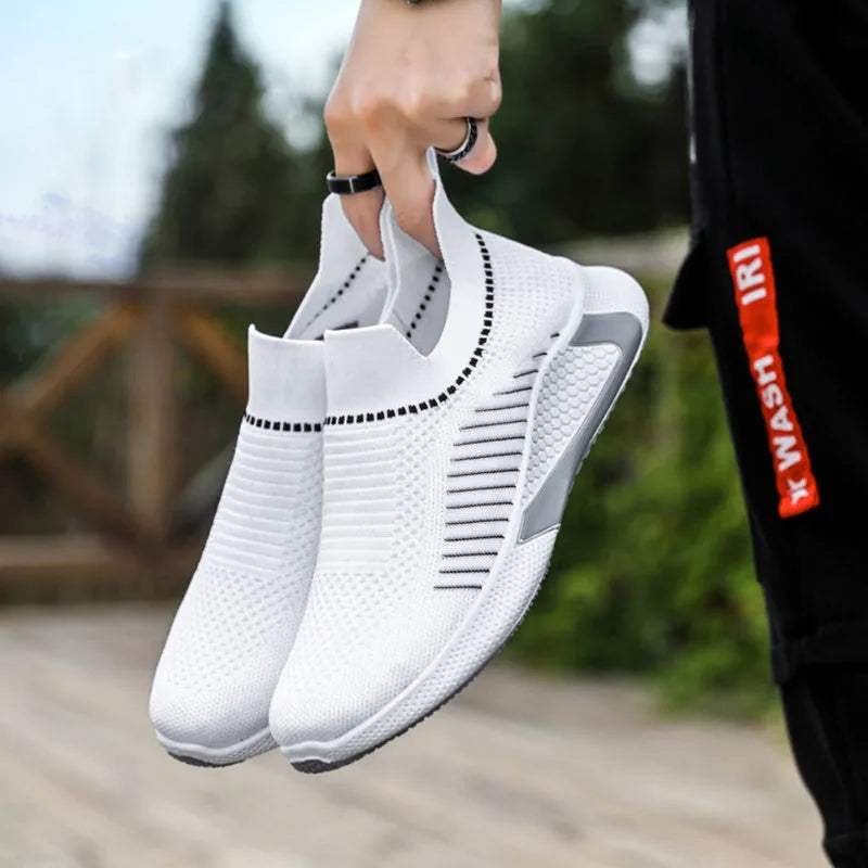 Men's mesh sock shoes with striped design showing flyknit upper and front lace-up styling