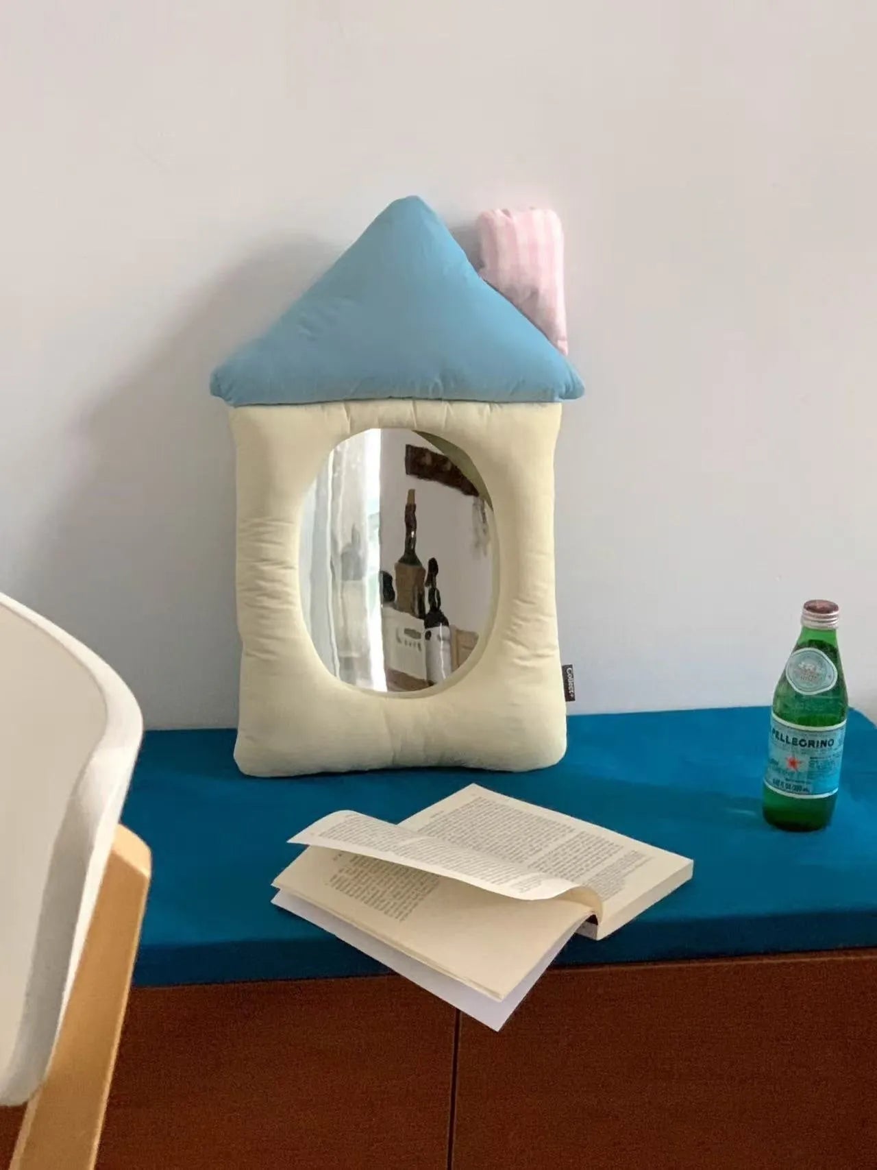 Korean-style decorative wall mirror with fabric cushion border in apple green colour